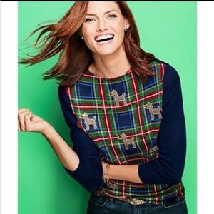 Talbots Merino Wool Tartan Plaid Rhinestone Embellished Scottish Terrier Dog XL